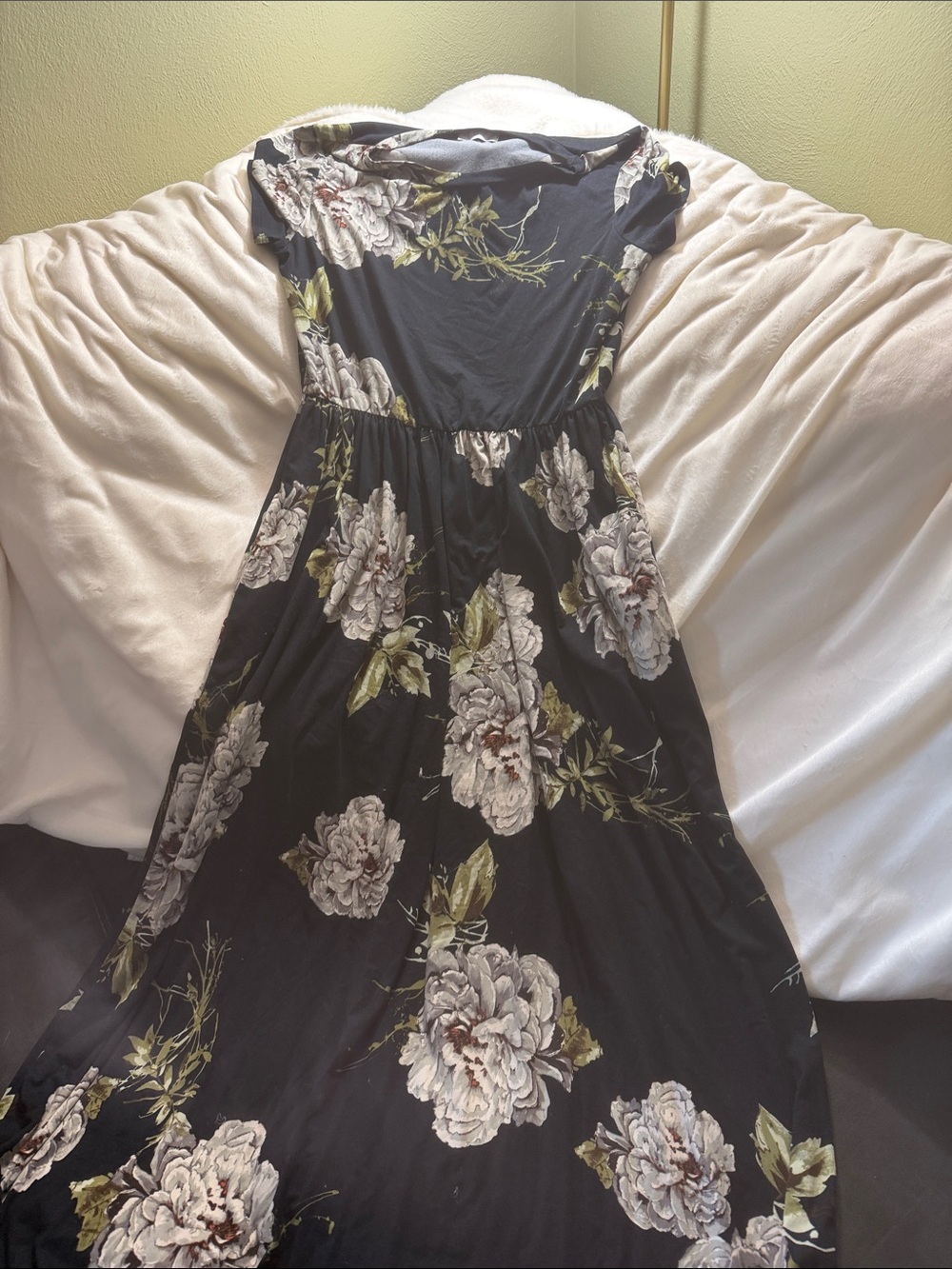 Reborn J Black Maxi Dress with White Floral Print and Green Leaves